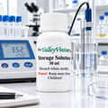 The Valley Vintner Storage Solution 30ml bottle near a pH meter in a laboratory