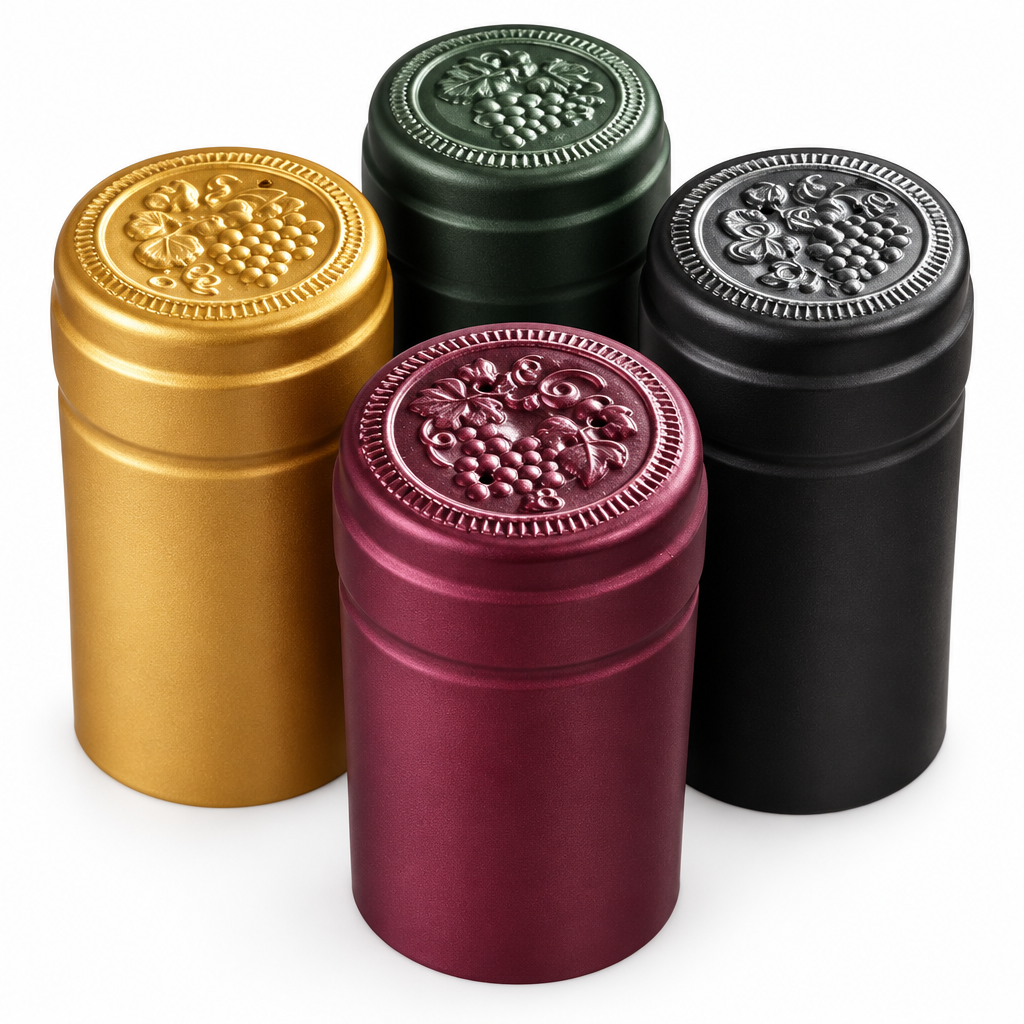 Assorted colored wine bottle capsule tops with embossed grape design