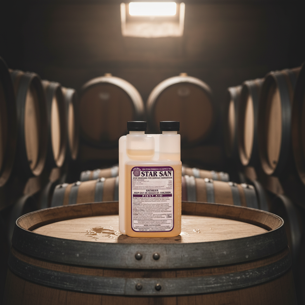 Star San 16oz on wine barrel in winery