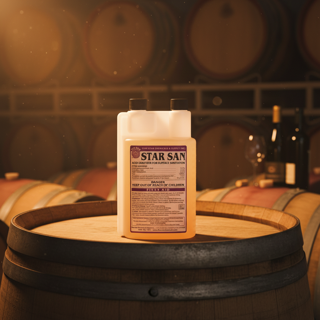 Star San 32oz on wine barrel in winery