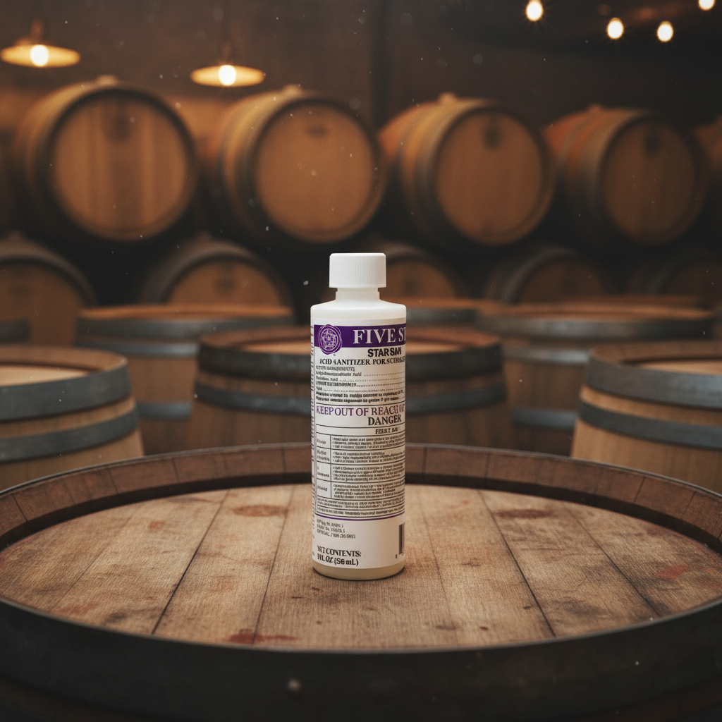 Star San 8oz on wine barrel in winery